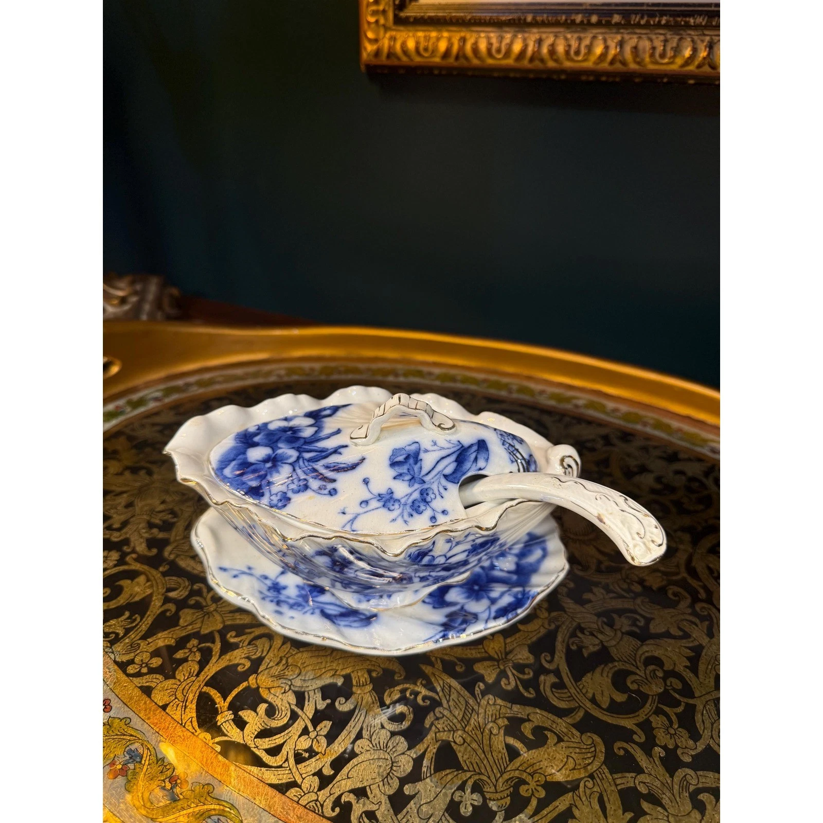 Antique Flow Blue Pansy Tureen Set: Staffordshire England, c.1900