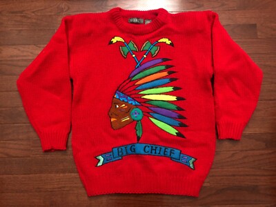 WOMENS VINTAGE BIG CHIEF SWEATER LADIES LARGE RED BLUE GITANO KNITS L e