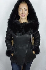 Black 100% Sheepskin Toscana Shearling Leather Lambskin Hood Coat Jacket XS-7XL