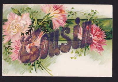 c1910 glitter trimmed Cousin Carnation Flower greetings postcard