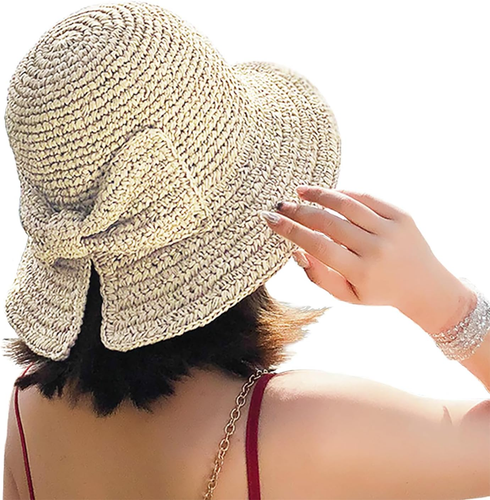 Foldable Wide Brim Floppy Straw Beach Sun Hat,Summer Cap with Bowknot for Women