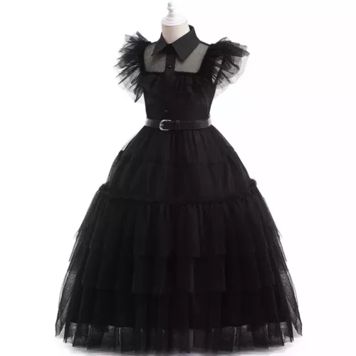 Kids Girls Wednesday The Addams Family Costume Fancy Mash Dress Birthday Party - Picture 16 of 26