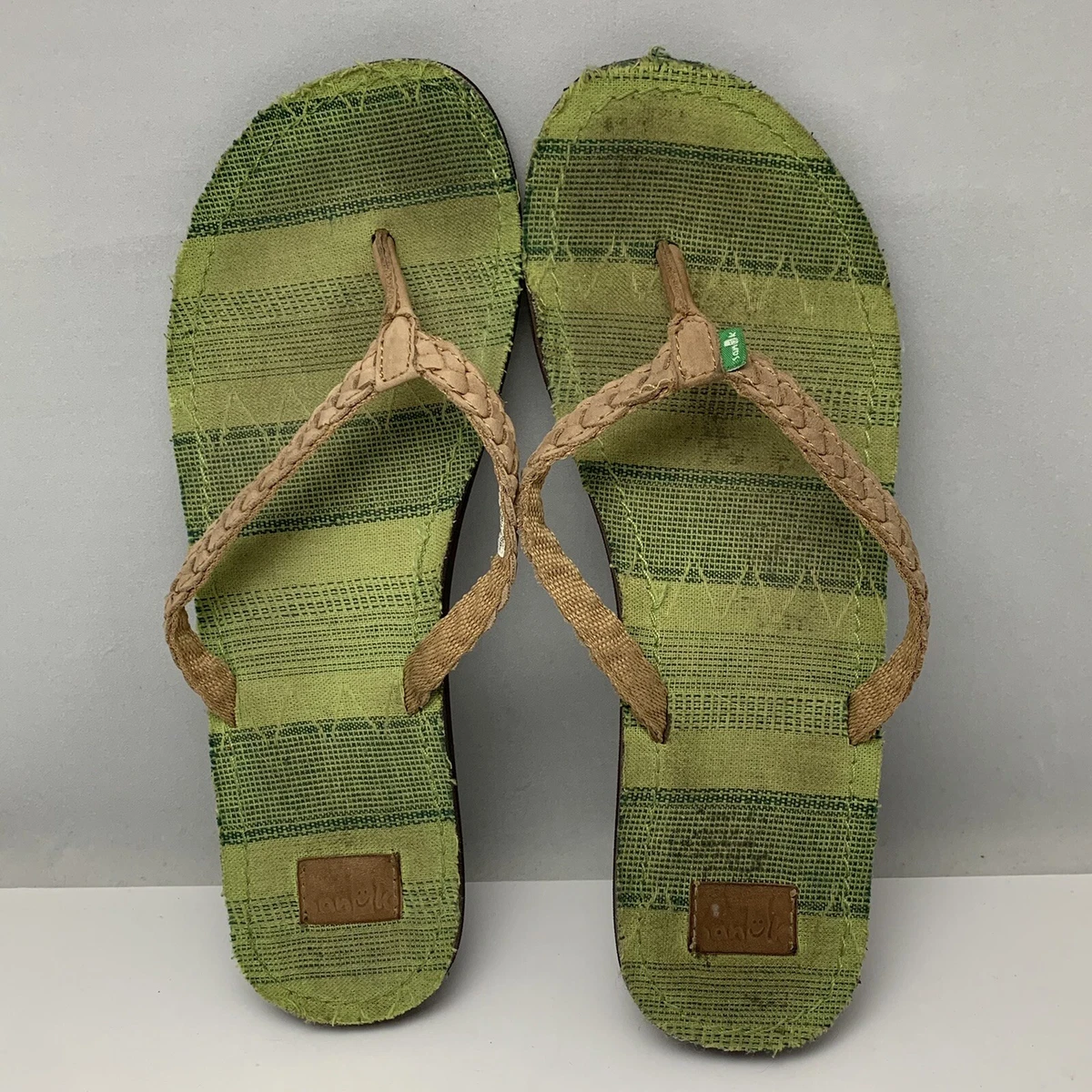 Sanuk Poncho Viva Green Brown Leather Flip Flop Yoga Sandals Women s Sz 10