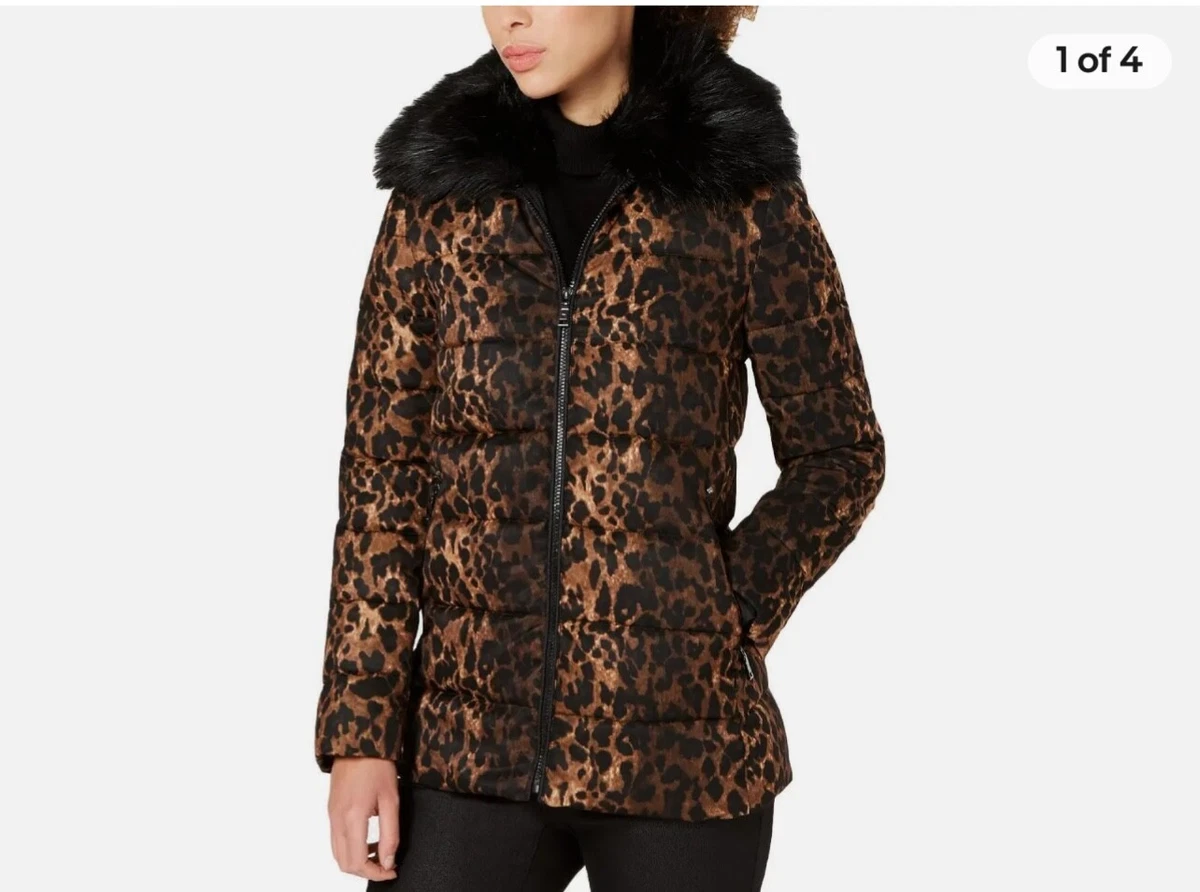 Tahari Gemma Women s Quilted Leopard Print Puffer Coat with Faux