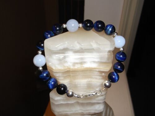 MEN'S HANDMADE 8 3/4" 10 MM BLUE TIGER EYE/BLUE CHALCEDONY STERLING S BRACELET - Picture 2 of 9