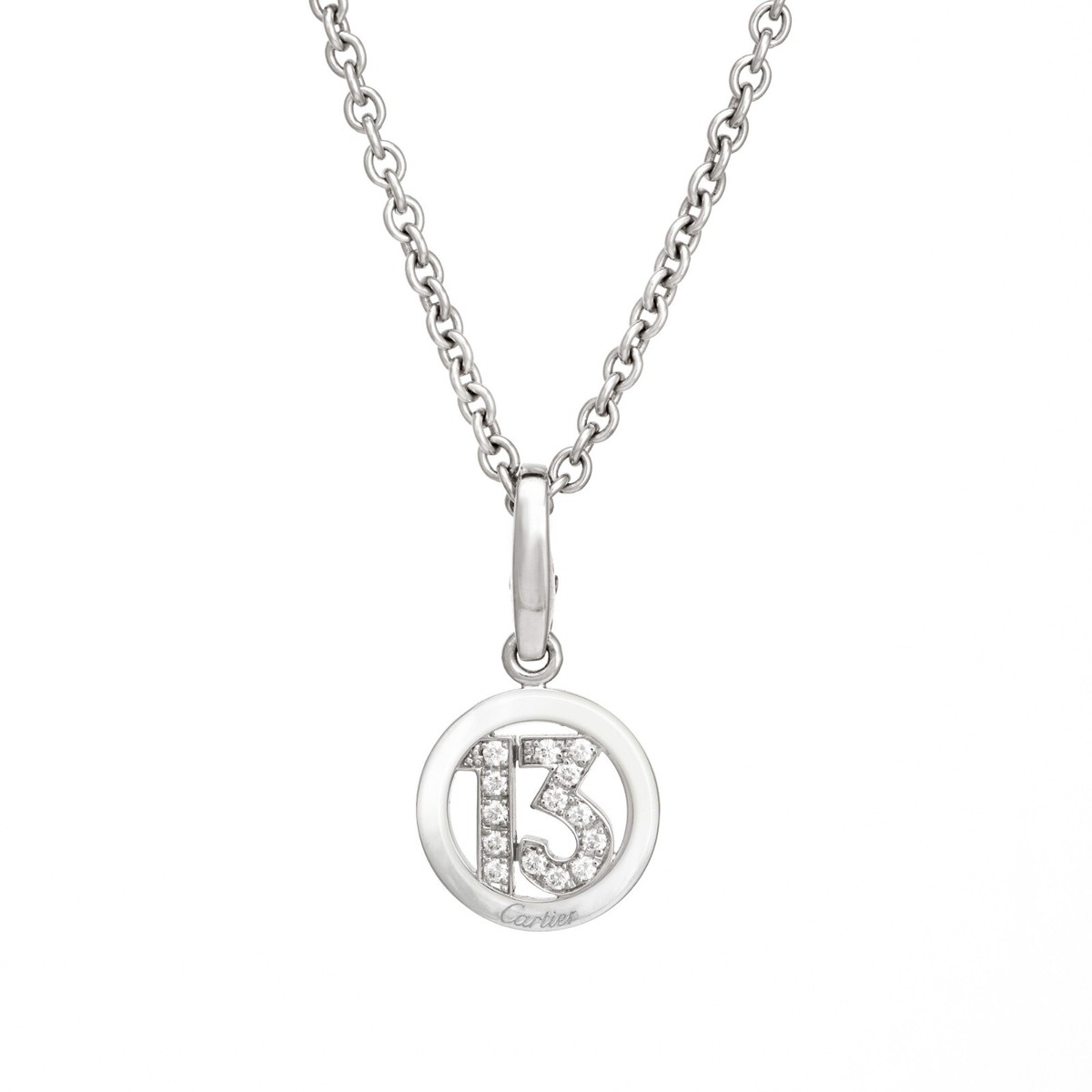 Cartier Diamond 13 Charm Necklace Estate 18k White Gold 17