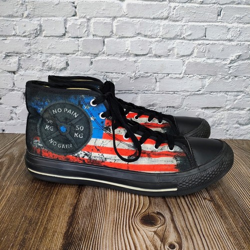 High Top Sneakers NO PAIN NO GAIN Weight Lift Men Black USA Flag *See Measurem.