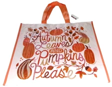 FALL Reusable Tote Bag ~ 20" X 18" X 8" ~ AUTUMN LEAVES AND PUMPKIN PLEASE