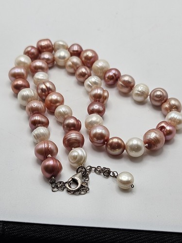 Freshwater Ringed Pink And Cream Pearl Necklace With .925 Clasp