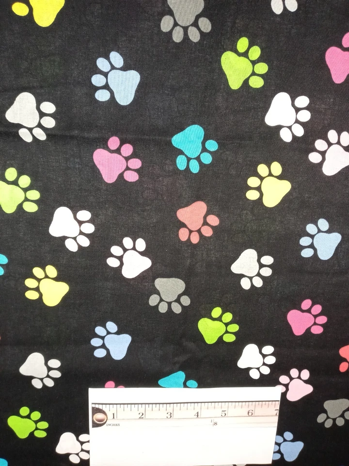 Joann Fabrics Black Background Colorful Paw Prints 1 Yard + 33" x 44" NEW - Image 2 of 3
