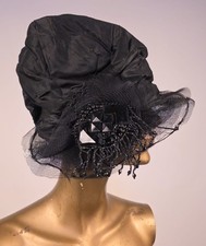 EDWARDIAN BLACK SILK TAFFETA HAT W LARGE JET BEAD APPLIQUE  HORSEHAIR BRIM