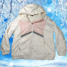 Reebok Chaqueta Cortavientos de Invierno Forro Polar Blanca Rosa Mujer Talla XG 