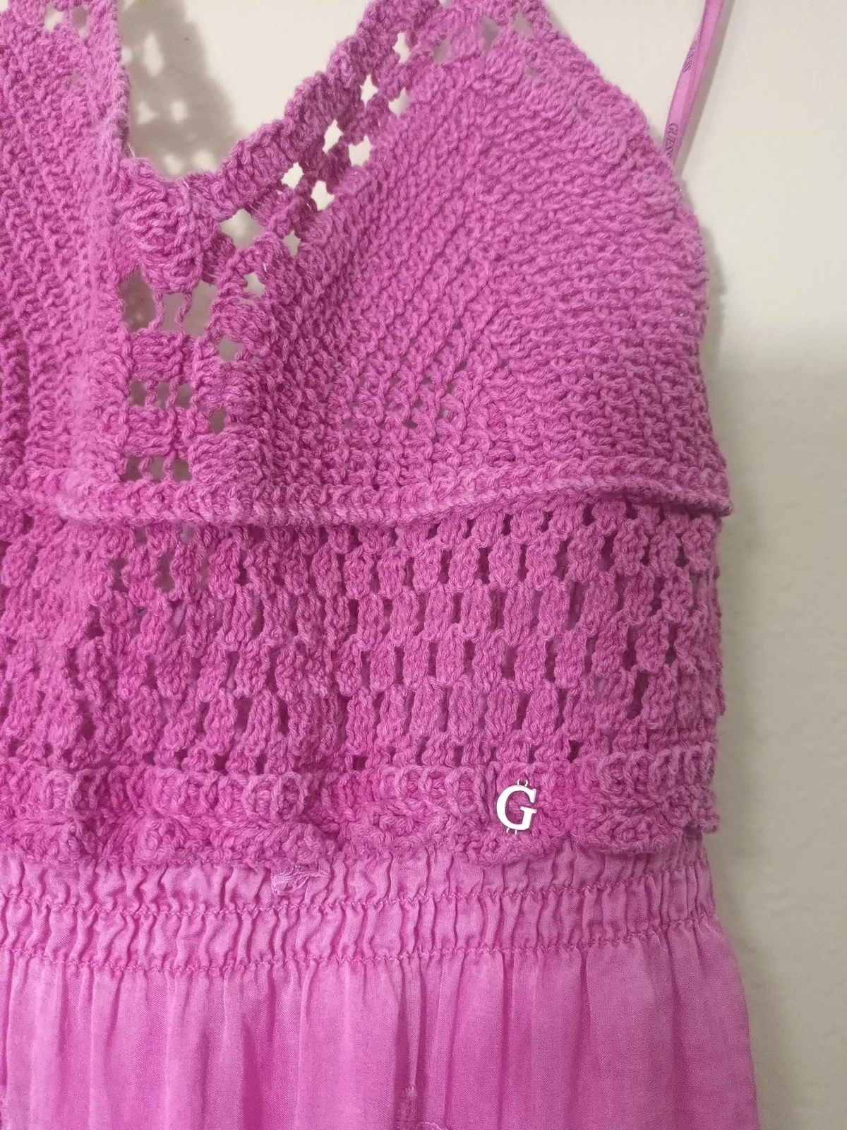 PALM ANGELS Abito donna vintage Guess rosa all'uncinetto con bretelle abito boho seta taglia S Made in Italy