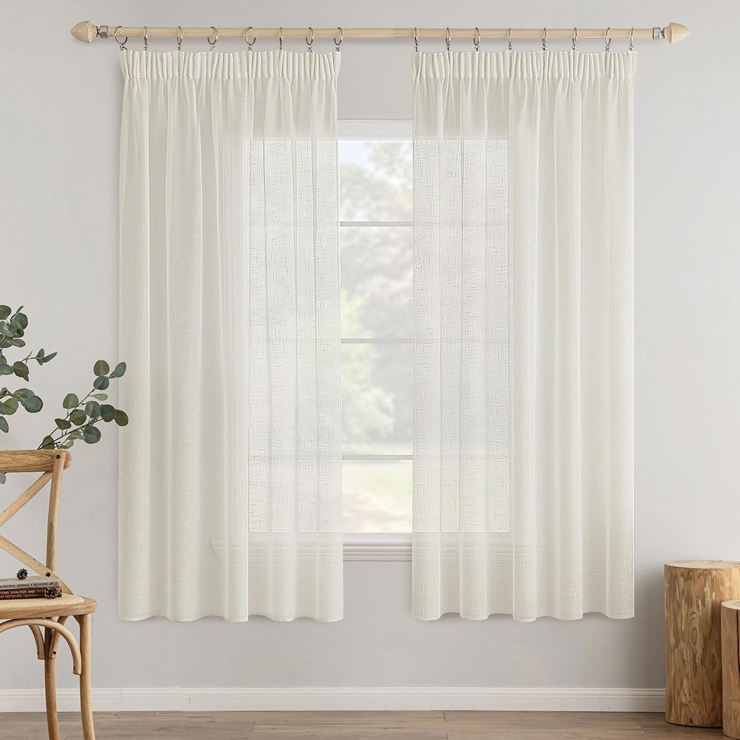 Voilage lin imitation à galon fronceur lot de 2 rideaux blancs 140x260cm pour salon