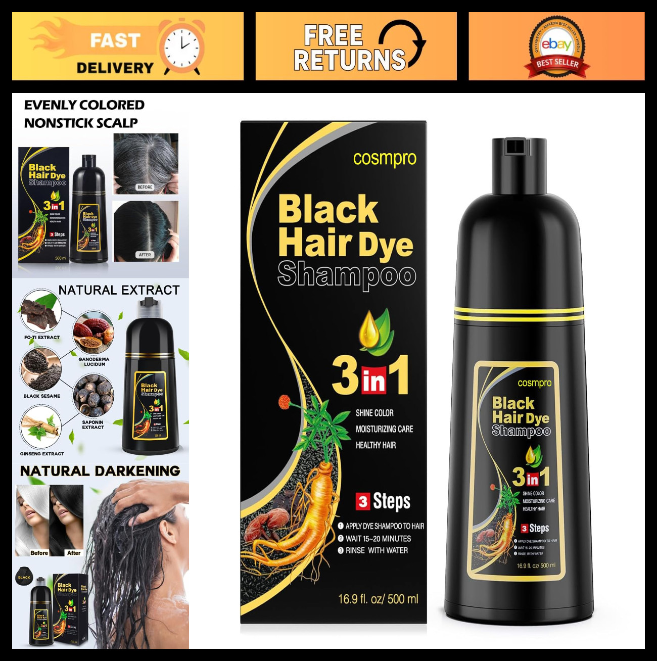 3-in-1 Black Hair Dye Shampoo for Men & Women - Instant Gray Coverage, Semi-Perm
