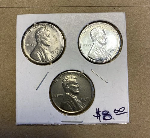 Set Of 3 1943 Steel Pennies VG No Mint Mark, D and S Wartime Lincoln Wheat