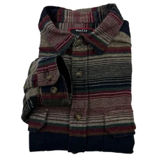 Woolly Dry Goods Long Sleeve Cotton Wool Blend Shirt Brown Blue Stripe Large
