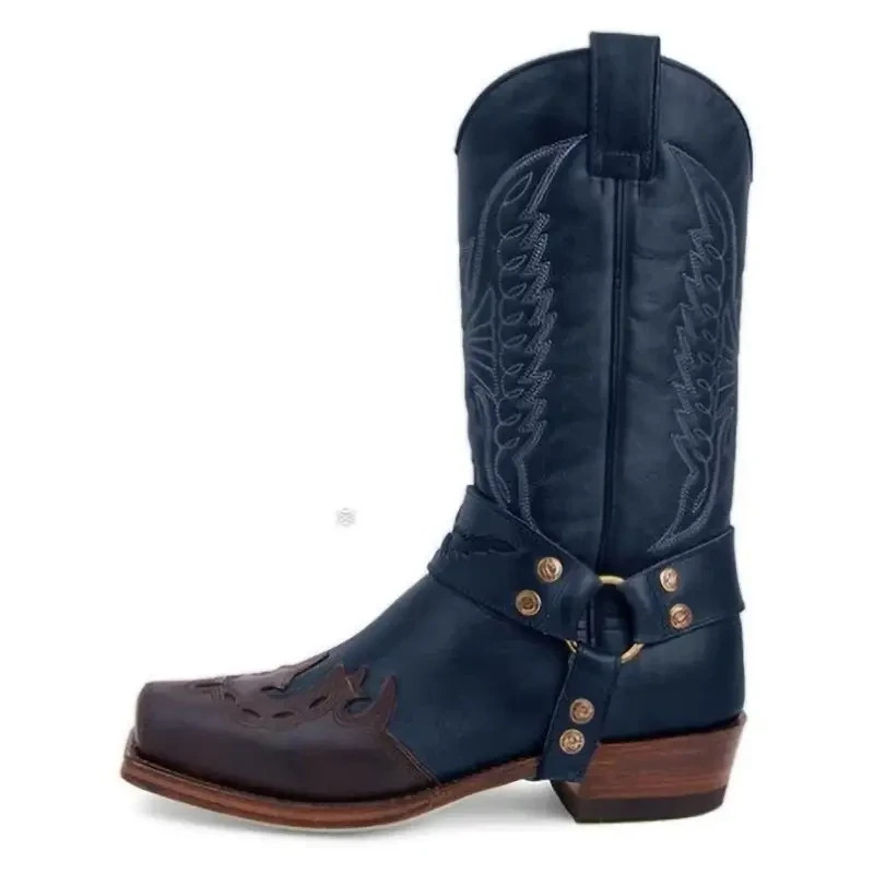 Botas de vaquero cálidas de tacón bajo con cremallera lateral adorno occidental para hombre talla 9