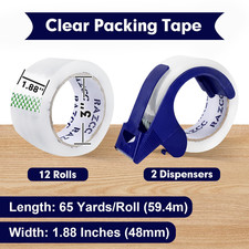 Packing Tape, 12 Rolls Clear Heavy Duty Packaging Tape with Dispensers for Packi