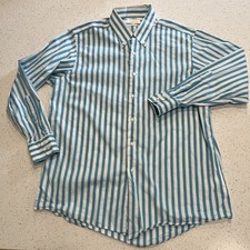 Brooks Brothers Made In USA Woven Italy Teal Striped Button Shirt Size 17.5-34