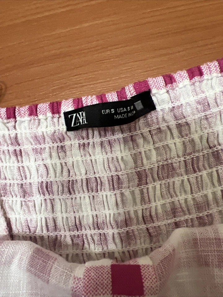 Zara 粉色格子格纹纽扣亚麻连身裤连衣裙,尺寸 S — 第 3/4 张图片