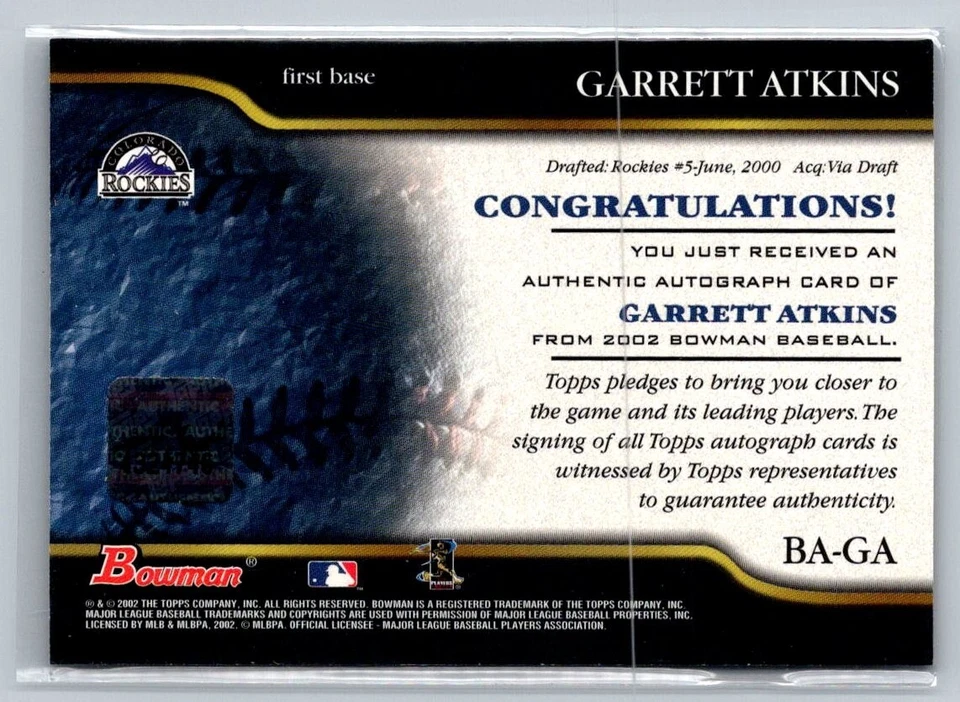 2002 Bowman #BA-GA Garrett Atkins Autographs Colorado Rockies Auto - Image 2 of 2