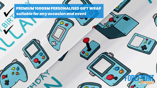 Personalised game theme wrapping paper, gift wrap, any name, any wording, kids - Video 1 of 1