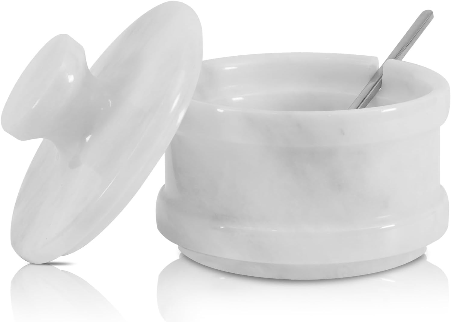 Marble Salt Cellar with Lid and Spoon 3.5" Inches White Handmade Sugar Container