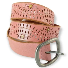 Blush Pink Leather Belt Size Medium Flower Cut Outs Brushed Silver Buckle