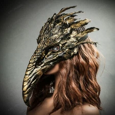 Halloween GOLD Bird Curved Nose Feather Plague Doctor Venetian Masquerade Mask