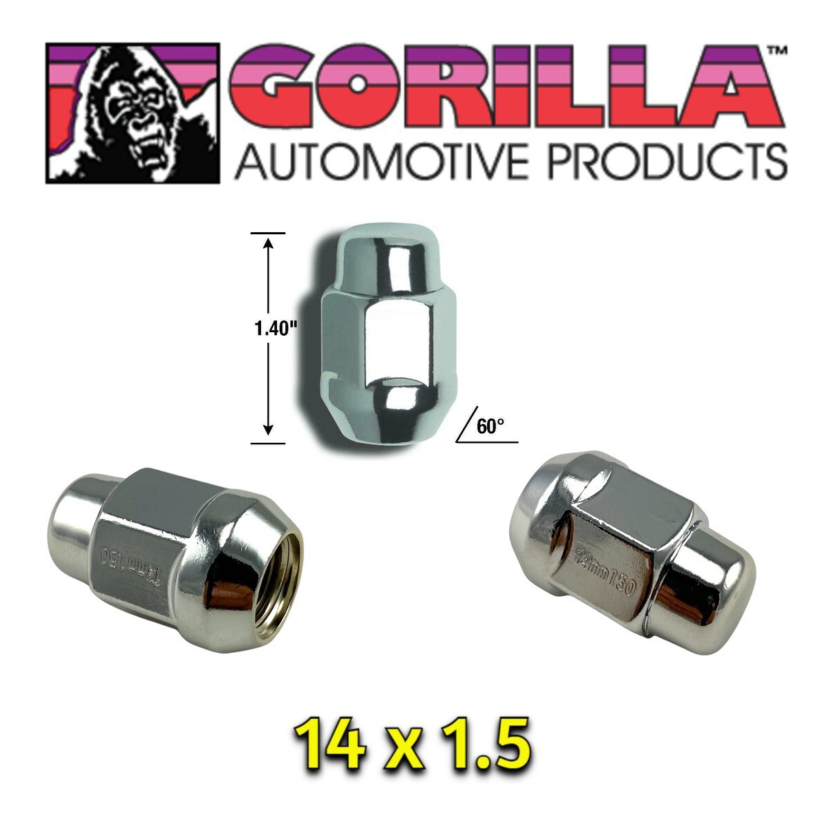 20-Pack Gorilla Bulge Acorn Lug Nuts - 14x1.5 Thread, Chrome, Lifetime Warranty 8 thumbnail image