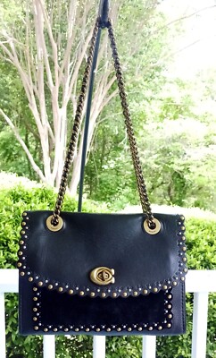 Coach MEDIUM 76530 Black Leather Suede Parker With Edge Scallop Rivets 