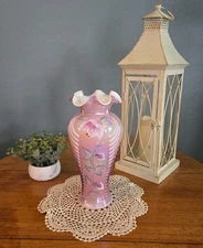 Fenton Dusty Rose Overlay Iridized HP Feather Vase OVC 1997