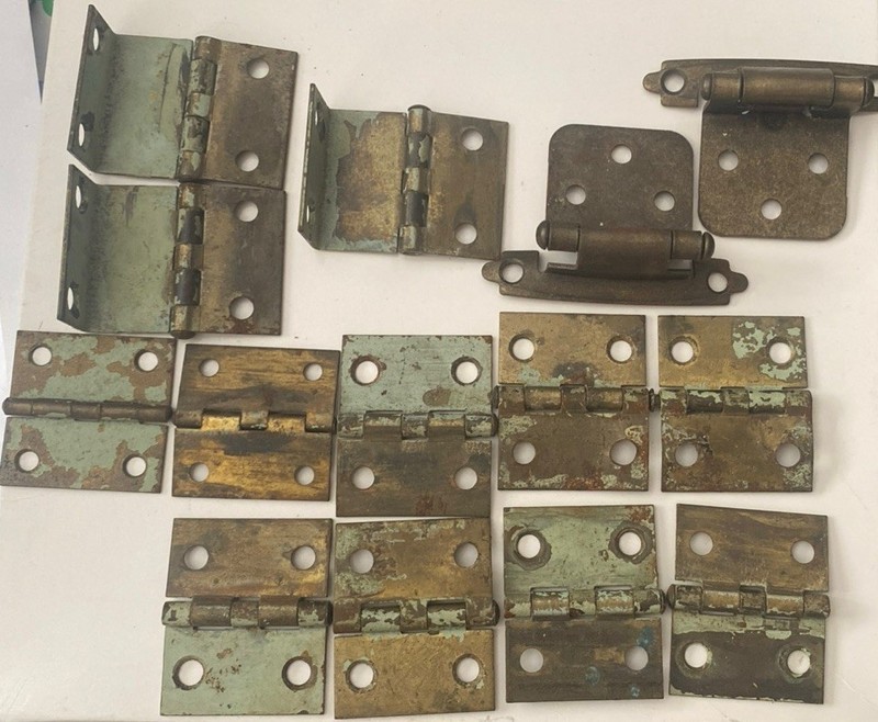 Lot (14) Assorted Antique Vintage Small Brass Hinges Cabinet Door Hardware