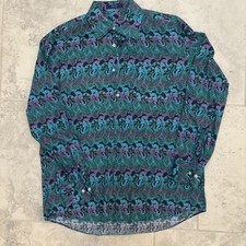 Alan Flusser Mens Button Down Shirt Sz L Swirl Paisley Teal Purple Casual Preppy