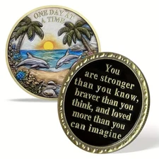 One Day At A Time Sobriety Coin Dolphins Palm Trees Inspirational Recovery Coin