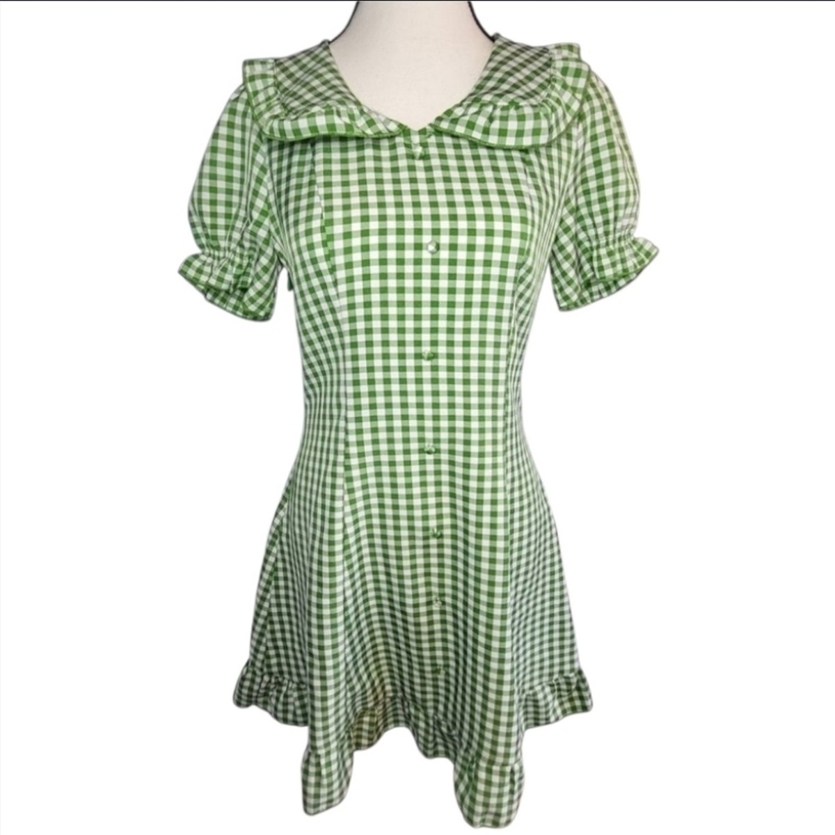 Green Gingham Mini Dress Peter Pan Collar Puff Sleeve Vintage 60s Style Size XS | eBay Green Gingham Mini Dress Peter Pan Collar Puff Sleeve Vintage 60s Style Size XS | eBay