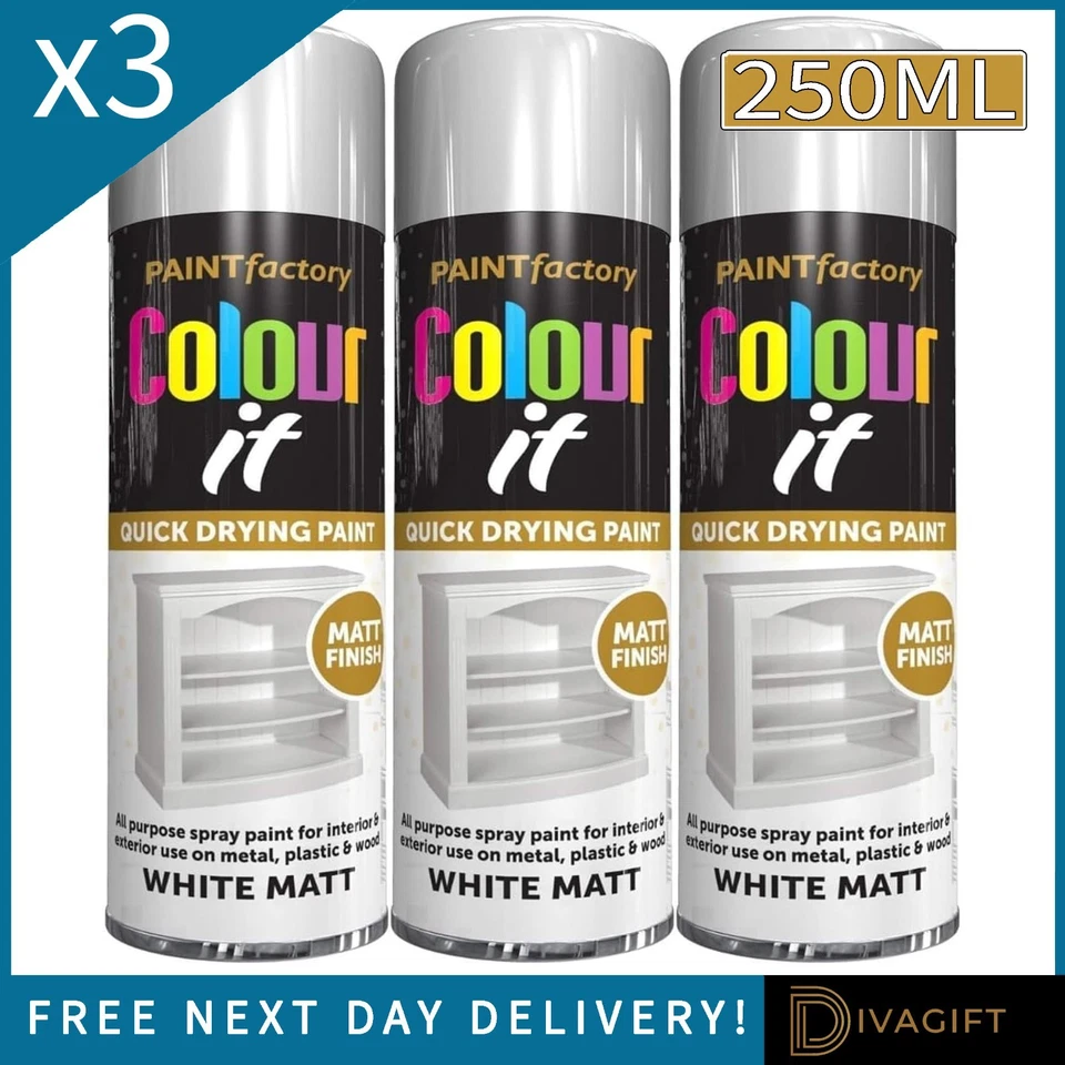 PAINT FACTORY 3 x WHITE MATT FINISH SPRAY PAINT 250ML MULTI PURPOSE FAST DRYING COLOUR IT NEW