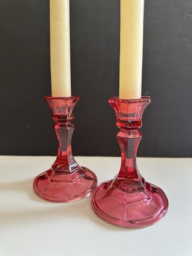 Cranberry Indiana Glass Co Pair Candlestick Holders 4.5” Hexagon - Picture 8 of 24