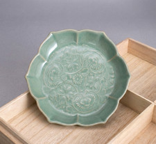 Korean Master Celadon Porcelain Plates Set of 2 Peony Relief w/ Wooden Box