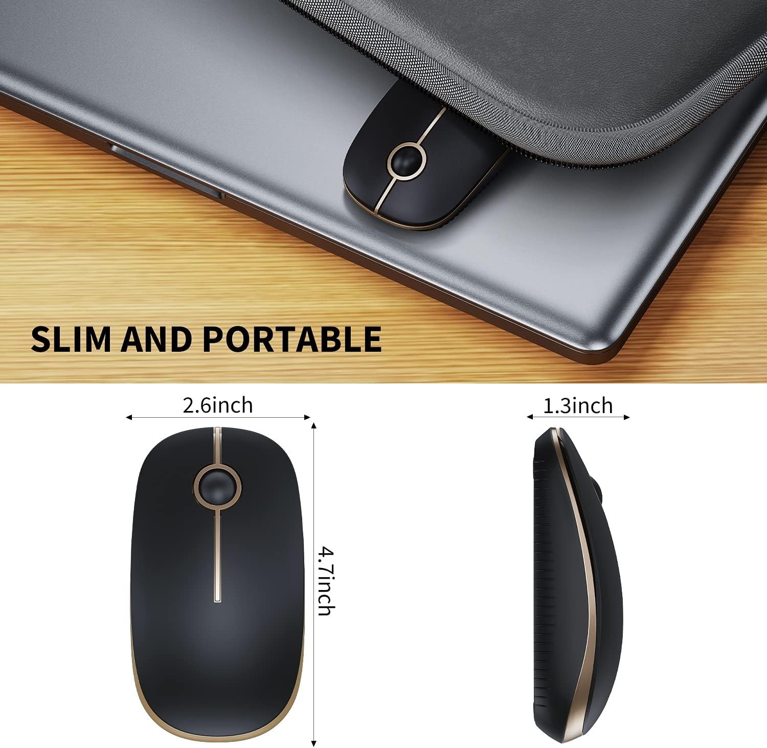 VssoPlor Slim Wireless Mouse 2.4G Nano Receiver Silent Click Black/Gold