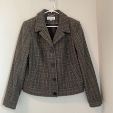 Calvin Klein Blazer Jacket Women s Size 10 Grey Plaid Button Up Notch Lapel