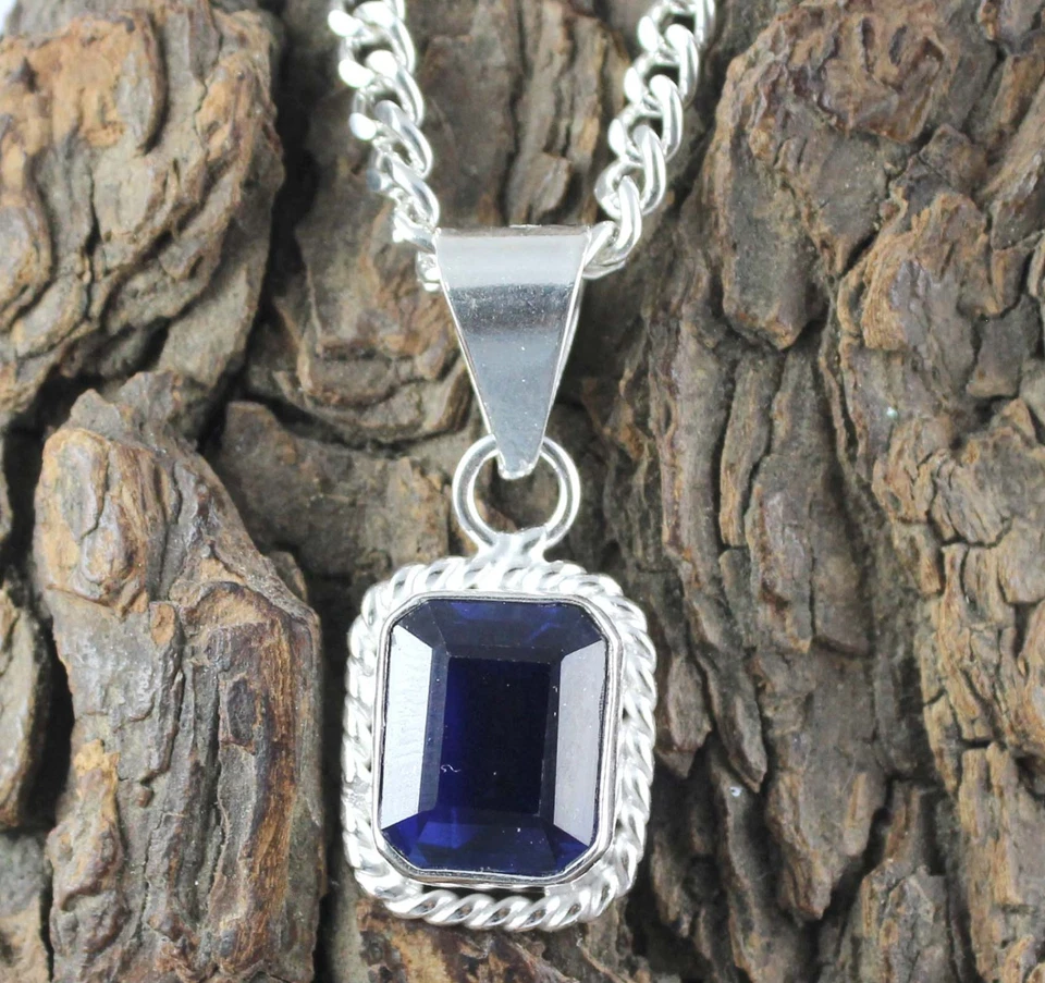 Blaues Saphir 12.80 Ct 10 mm Smaragdschliff Anhänger Herren Echt 925 Silber AGI - Bild 4 von 4