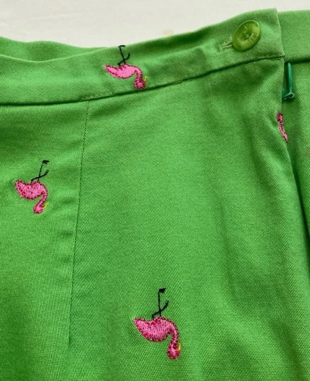 Flamencos Rosa Bordados Verde Brillante Talla 14 Elástico Algodón Cremallera Lateral Capris Foto 2 de 3