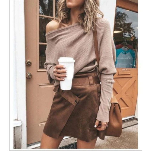 Damen One Shoulder Pullover Langarm Strick Bluse Pulli Pulli Damen Tops - Bild 11 von 19