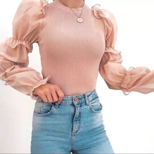 ZARA Pink Ribbed Knit Contrast Organza Puff Sleeve Blouse Top M 2142/021/687 - Picture 14 of 15