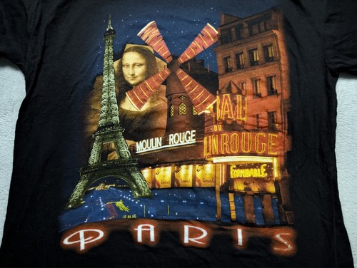 Paris Souvenir T-Shirt Moulin Rouge Eiffel Tower Mona Lisa Graphic Size L - Picture 2 of 3