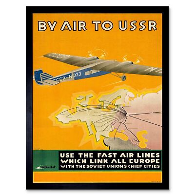 Travel Transport Ussr Soviet Russia Plane City Map Europe 12X16 Framed Art Print