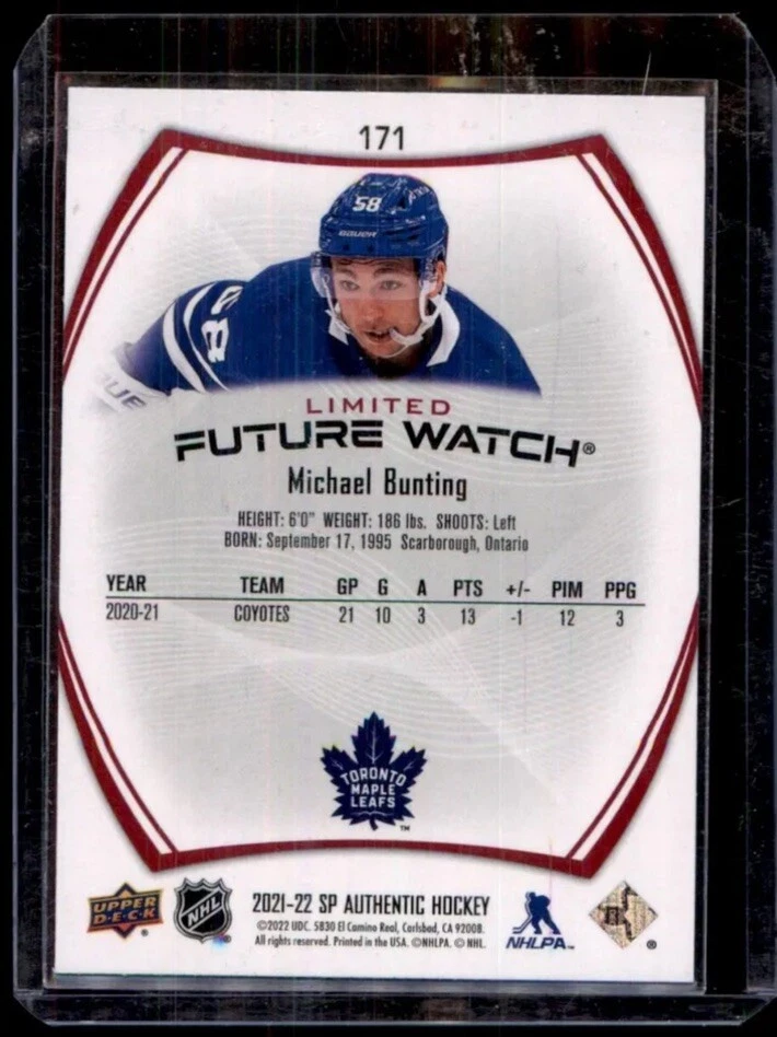Michael Bunting 2021-22 SP Authentic Future Watch Limited Rookie Card #171 RC SP - Image 2 of 2