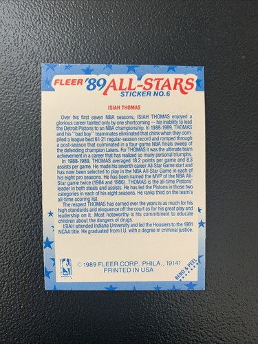 1989 Fleer '89 All-Stars Sticker #6 Isiah Thomas - Bild 2 von 2
